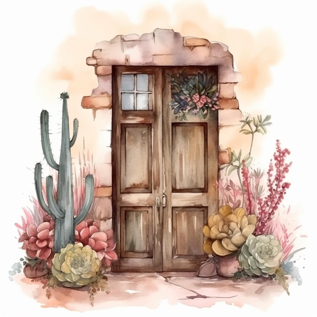 hay una pintura de una puerta con una planta de cactus delante de ella ai generativa