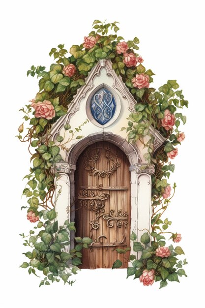 hay una pintura de una puerta con una ventana y flores generativa ai
