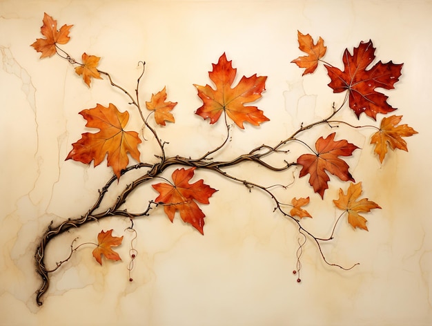 hay una pintura de una rama con hojas ai generativa