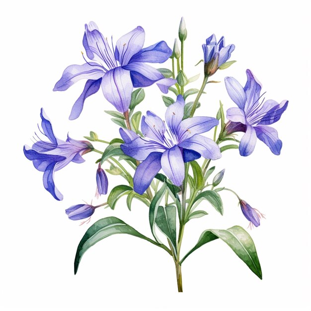 hay una pintura de un ramo de flores azules en un fondo blanco generativo ai