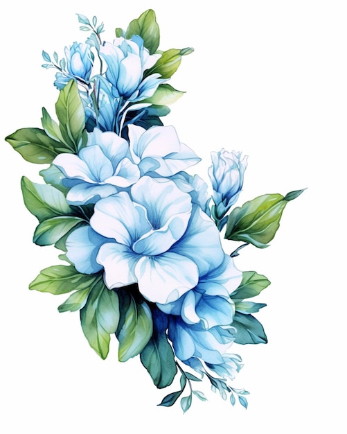 Hay una pintura de un ramo de flores azules sobre un fondo blanco ai generativo