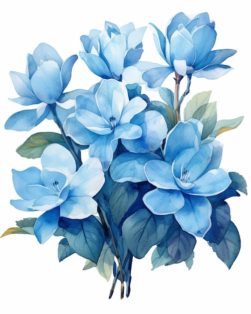 Hay una pintura de un ramo de flores azules sobre un fondo blanco ai generativo