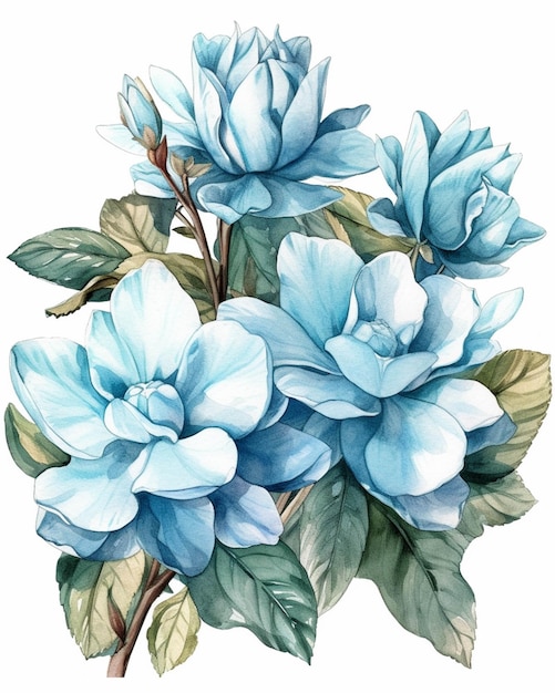 Hay una pintura de un ramo de flores azules sobre un fondo blanco ai generativo