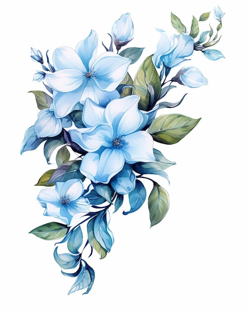 Hay una pintura de un ramo de flores azules sobre un fondo blanco ai generativo