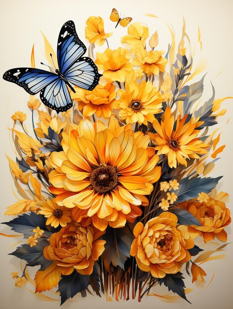 Hay una pintura de un ramo de flores con una mariposa ai generativa.