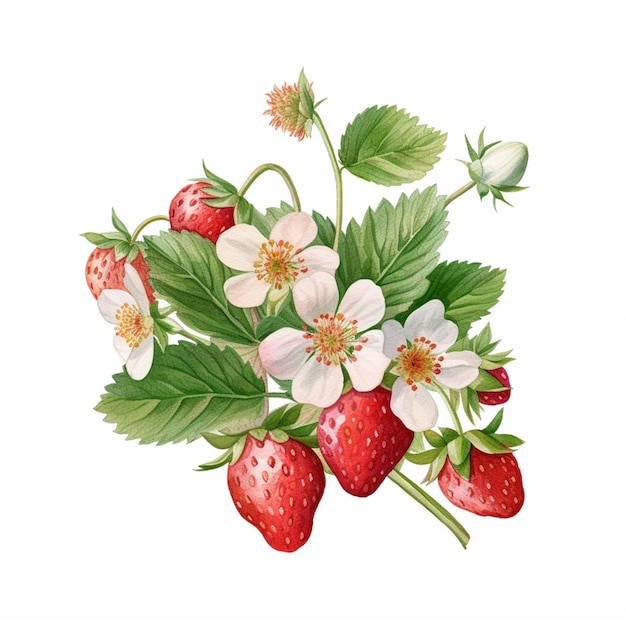 Hay una pintura de un ramo de fresas con flores generativas ai