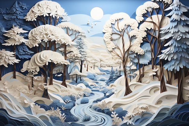 Hay una pintura de un río en un bosque nevado generativo ai