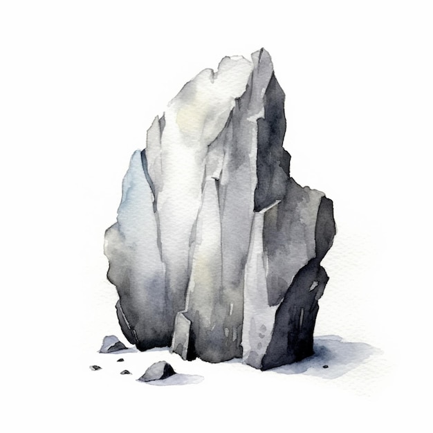 Hay una pintura de una roca que está de pie en la nieve generativa ai
