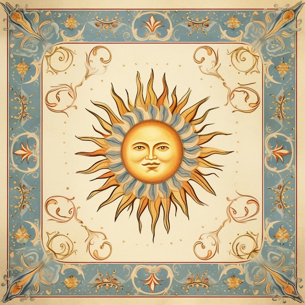 Foto hay una pintura de un sol con una cara en él generativo ai