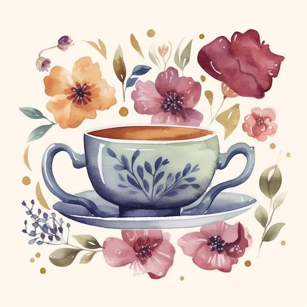 Foto hay una pintura de una taza de café con flores en ella generativo ai