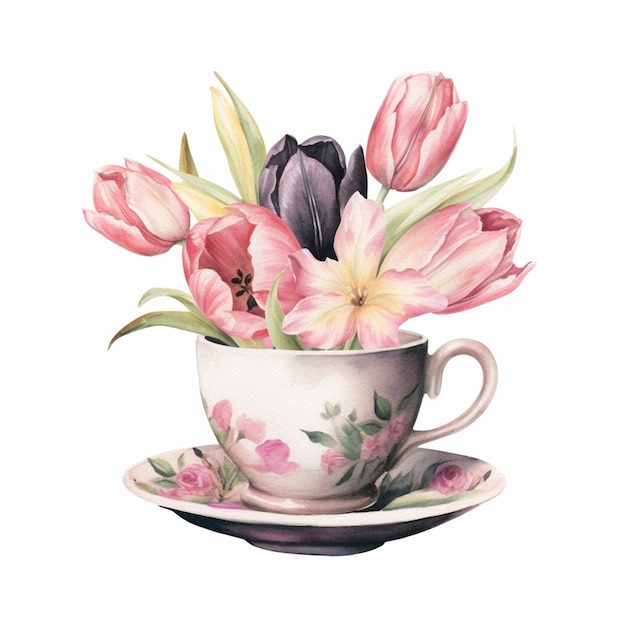 hay una pintura de una taza con flores en ella generativa ai