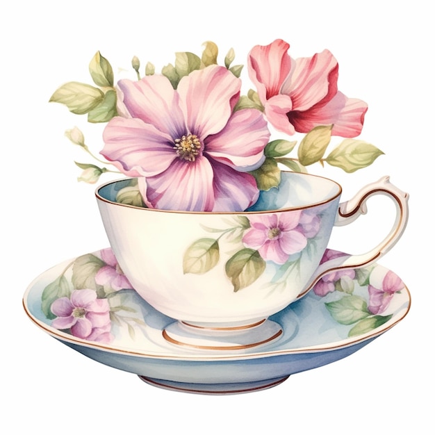 hay una pintura de una taza de té con flores en ella generativa ai