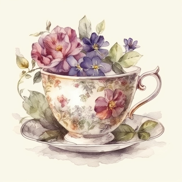 hay una pintura de una taza de té con flores en ella generativa ai