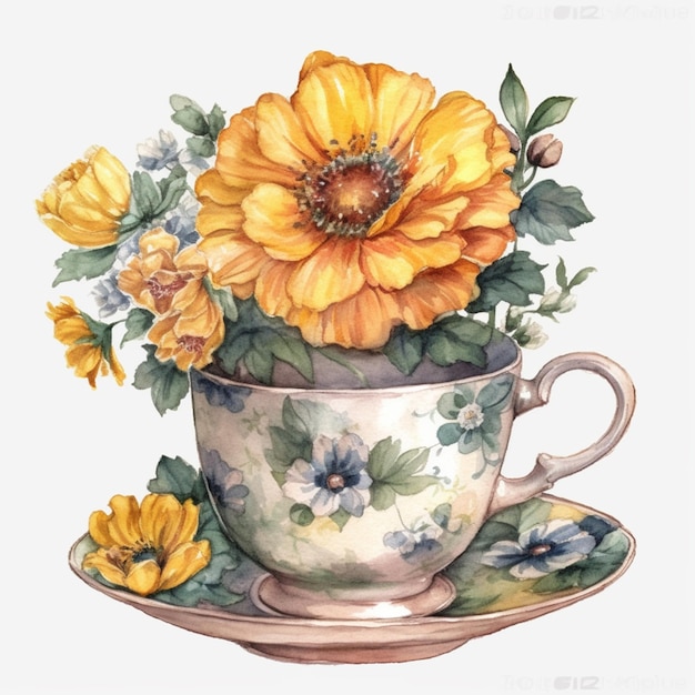 Hay una pintura de una taza de té con flores en ella generativa ai