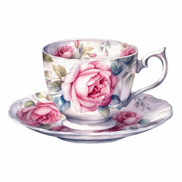 hay una pintura de una taza de té y un platillo con una rosa en ella