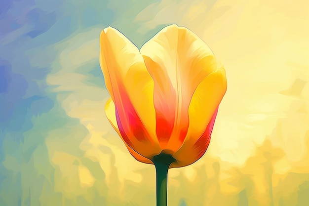 Foto hay una pintura de un tulipán amarillo con un centro rojo generativo ai