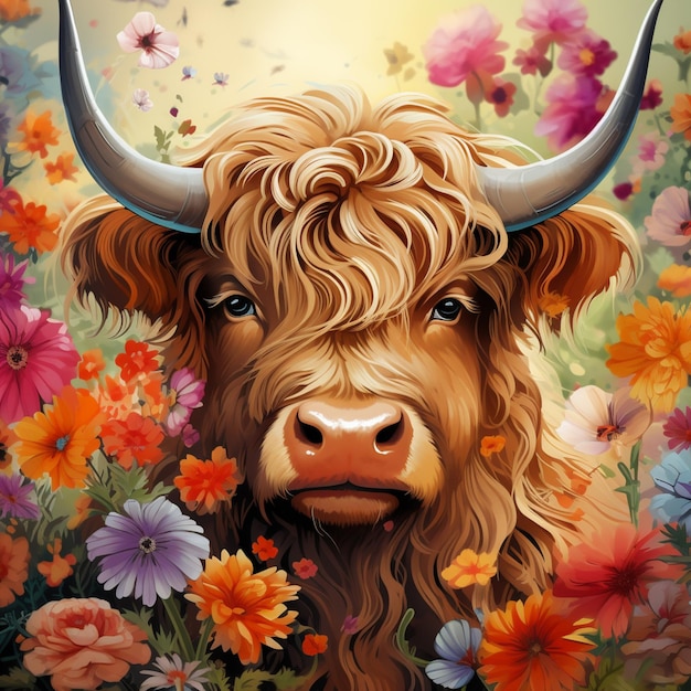 hay una pintura de una vaca con cuernos en un campo de flores ai generativo