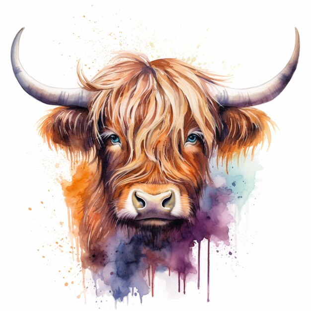 hay una pintura de una vaca con cuernos y un pelo largo generativo ai