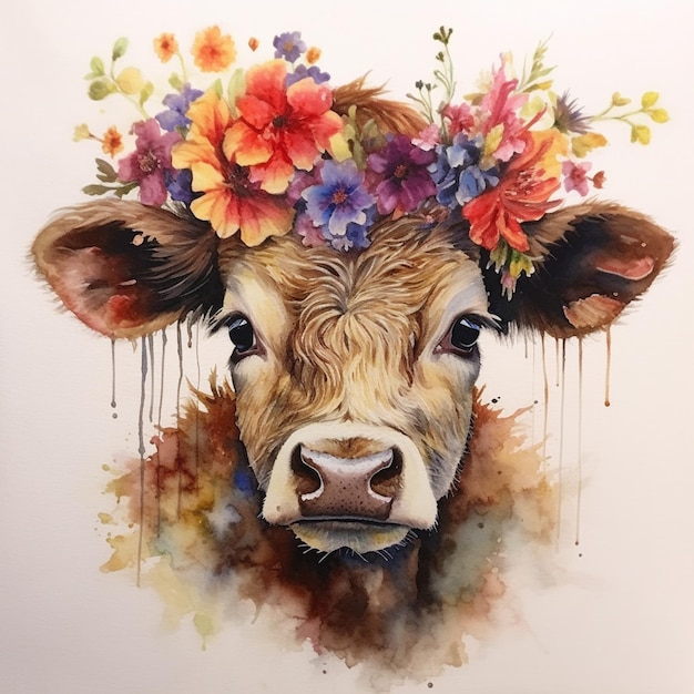 hay una pintura de una vaca con flores en la cabeza generativa ai