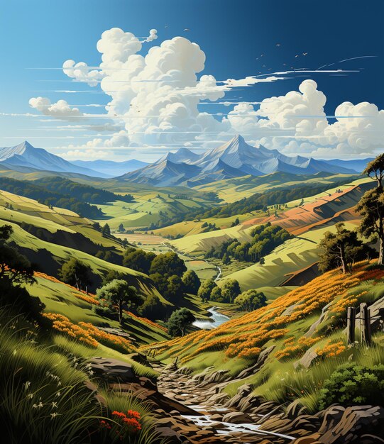 Foto hay una pintura de un valle de montaña con un arroyo que lo atraviesa ai generativo