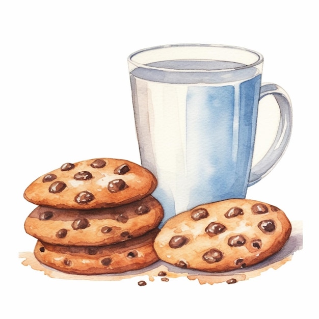 hay una pintura de un vaso de leche y galletas con chispas de chocolate ai generativo