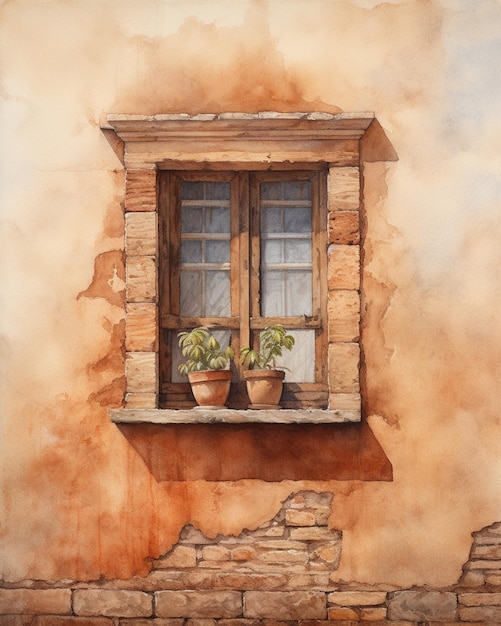 Foto hay una pintura de una ventana con plantas en maceta en la repisa generativa ai