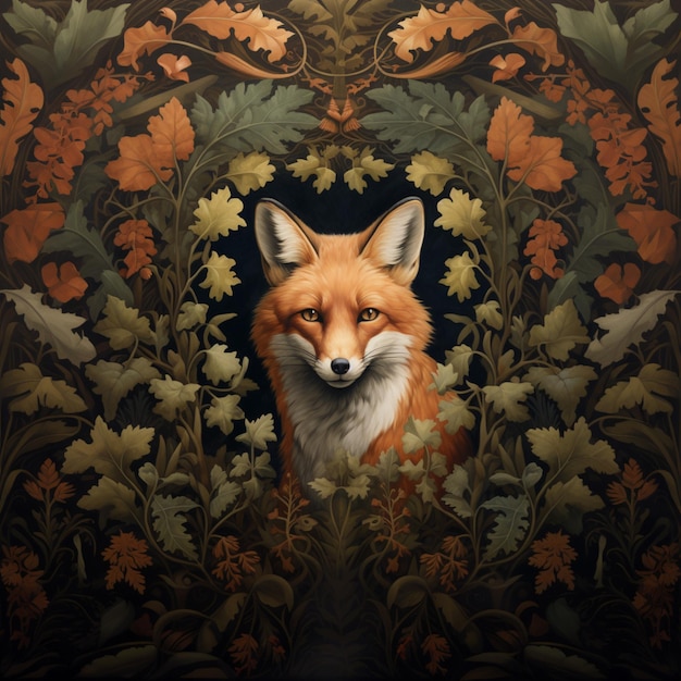hay una pintura de un zorro en un marco floral generativo ai