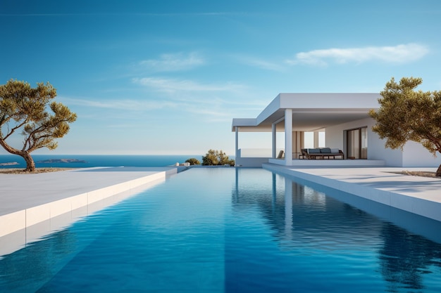 Hay una piscina en el medio de una casa con vista al océano ai generativo