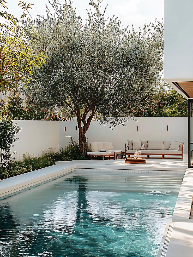 hay una piscina con una silla de descanso y un árbol en el fondo