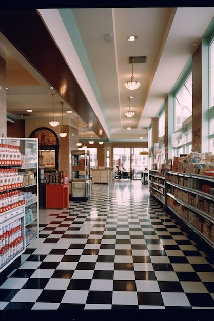 Foto hay un piso a cuadros en una tienda con un ai generativo de piso a cuadros.