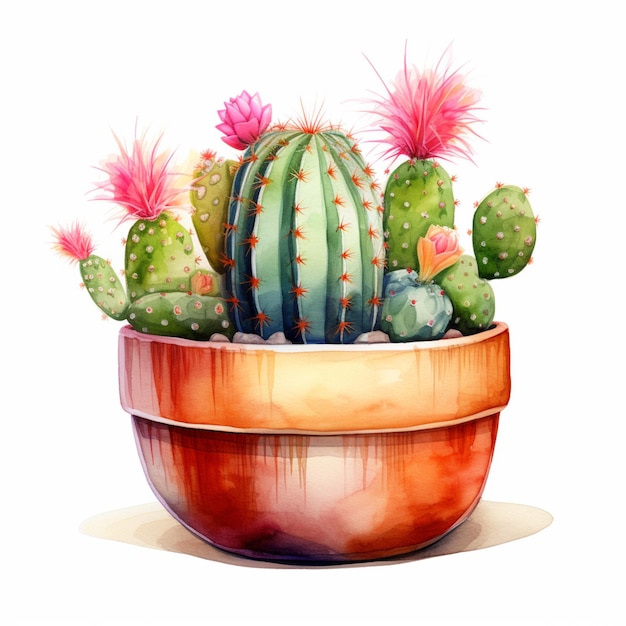 hay una planta de cactus en una maceta con flores rosadas ai generativa