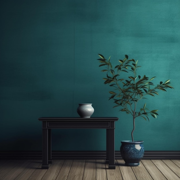 hay una planta en un jarrón sobre una mesa junto a una pared verde ai generativo