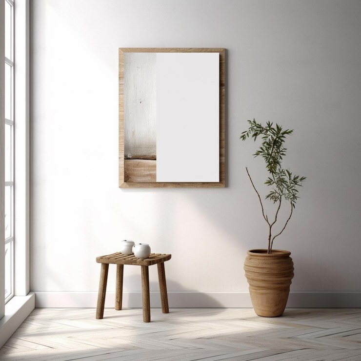 Hay una planta en una maceta al lado de un espejo en la pared ai generativo