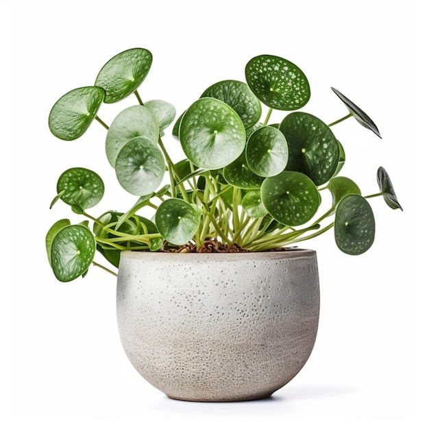 hay una planta en maceta con hojas verdes en un fondo blanco generativo ai