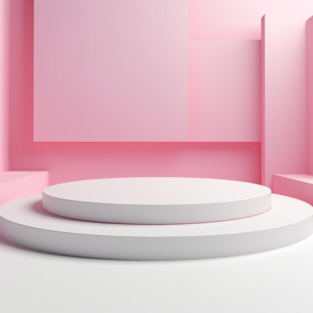 Hay una plataforma blanca en una habitación rosa con un aire generativo de pared rosa.