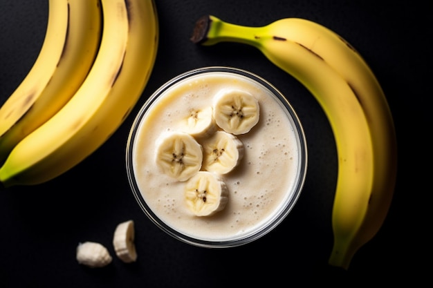 Hay un plátano y un batido de plátano en un vaso generativo ai