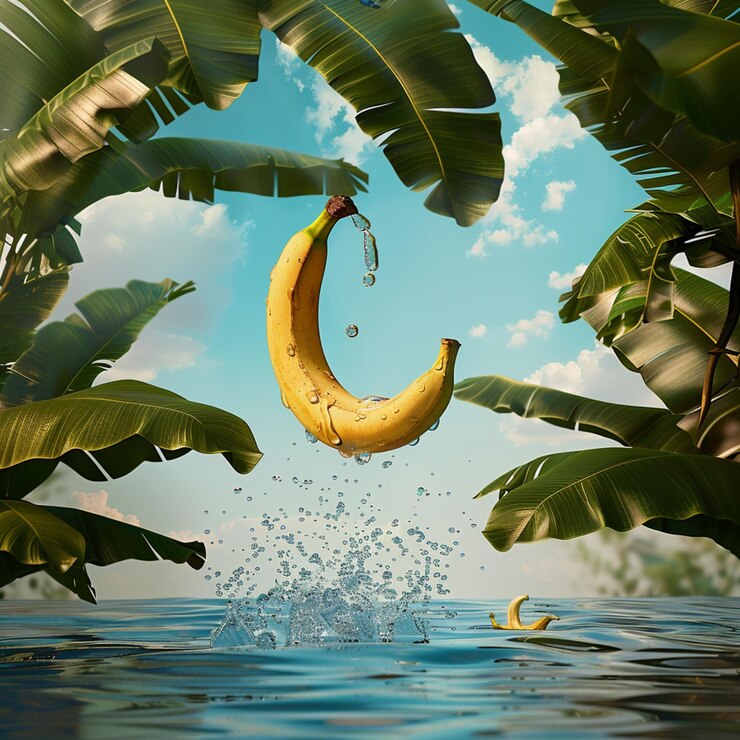 hay un plátano cayendo en el agua con un salto de agua generativo ai