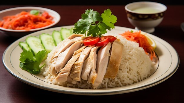 Foto hay un plato de arroz con pollo y verduras en él generativo ai