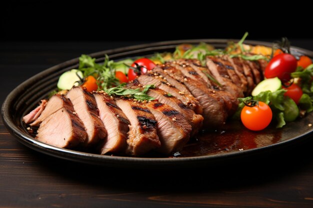 Hay un plato de carne y verduras en una mesa generativa ai