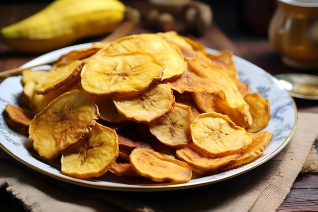 hay un plato de chips de plátano sobre una mesa con un vaso de cerveza IA generativa