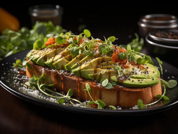 Hay un plato de comida con aguacate y pan en él generativo ai