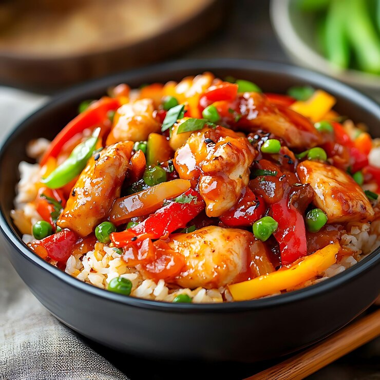 hay un plato de comida con arroz y verduras en una mesa