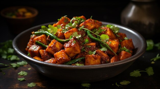 Hay un plato de comida con carne y verduras en él generativo ai