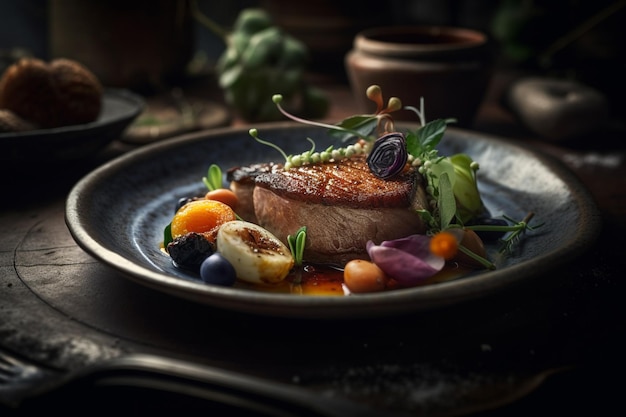 Hay un plato de comida en una mesa con un tenedor generativo ai