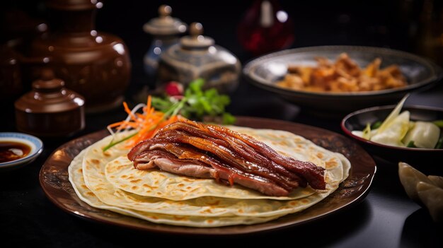 Foto hay un plato de comida que incluye carne y verduras generativa ai