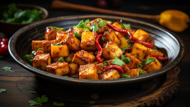 Hay un plato de comida con tofu y pimientos en él.