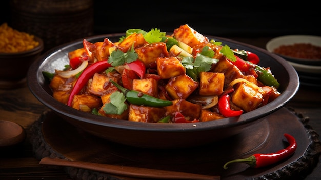 hay un plato de comida con tofu y pimientos en una mesa generativa ai