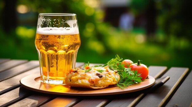 Hay un plato de comida y un vaso de cerveza en una mesa generativa ai