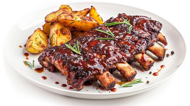 Hay un plato de costillas y patatas en un plato blanco generativo ai