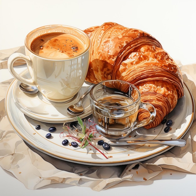 hay un plato con un croissant y una taza de café ai generativo